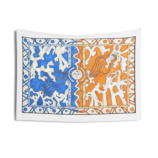 Heraldic Lion Duo Wall Tapestry — Blue & Orange Medieval Crest Decor